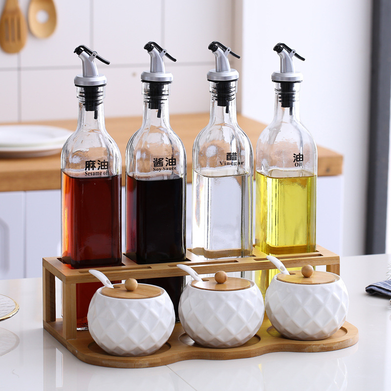Keramički set posuda za začine u kuhinji — bočice za ulje, sol, sezamovo ulje, umak i ocat s automatskim poklopom, japanski stil
