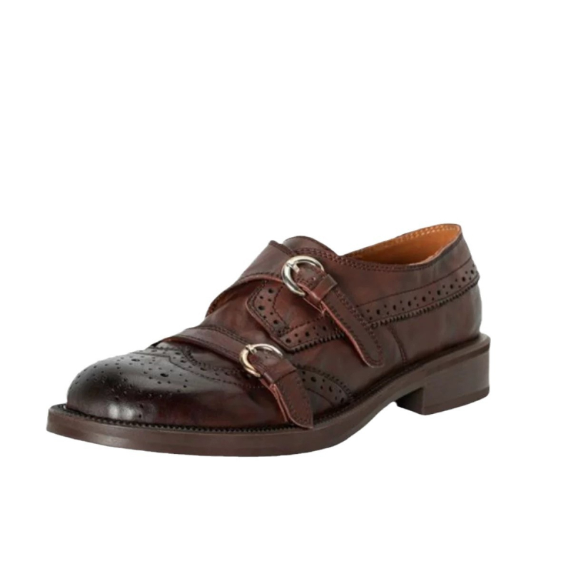 Damske loafers od prave kože u vintage brogue stilu, bez vezivanja, okrugli vrh, dvostruki gornji sloj teleće kože, debeli pet 3–5 cm, gumeni đon