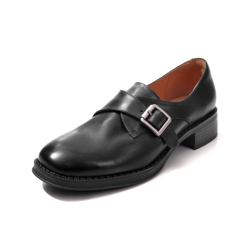 Kožne cipele u akademskom stilu, gornji dio head-layer cowhide, zaobljeni nos, srednja chunky pete (3–5 cm), slip-on mokasine, za žene