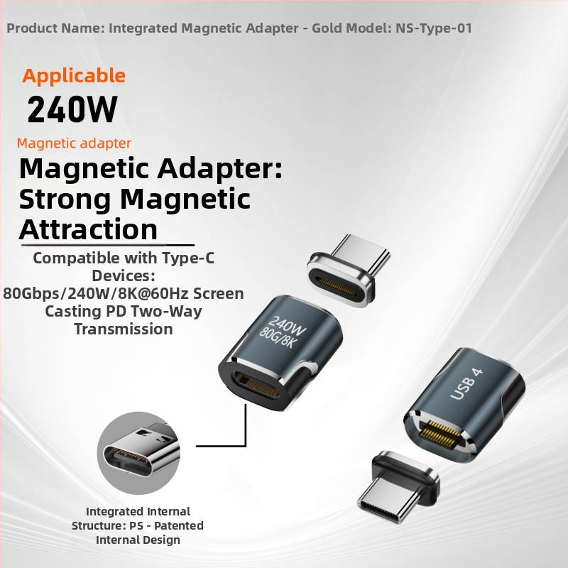 Adaptor magnetic USB-C cu funcționalitate completă – USB4.0, Încărcare rapidă PD240W, video 8K, transfer 80Gbps (Type-C masculin la feminin)
