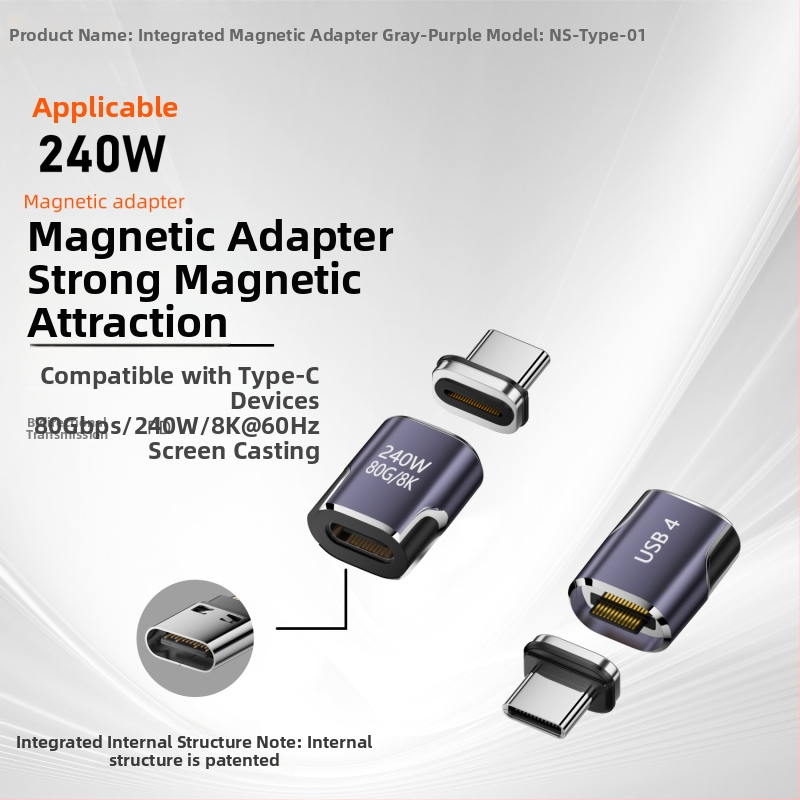 Adaptor magnetic USB-C cu funcționalitate completă – USB4.0, Încărcare rapidă PD240W, video 8K, transfer 80Gbps (Type-C masculin la feminin)