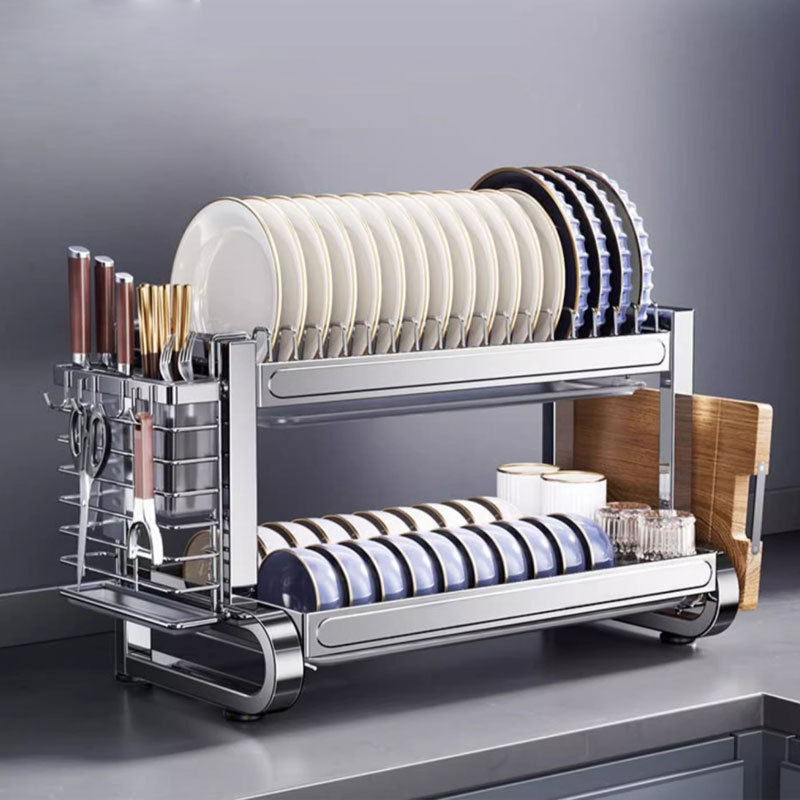 Ράφι αποθήκευσης πιάτων από ανοξείδωτο ατσάλι 304 με δυνατότητα αποστράγγισης, φορητός πολυλειτουργικός οργανωτής κουζίνας