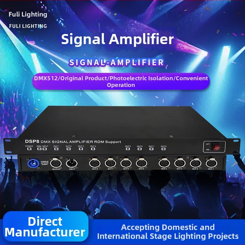DMX signálny zosilňovač a rozdeľovač pre pódiové osvetlenie MX512 — 4/8-kanálový, Beam PAR svetlo transceiver, značka Fuli
