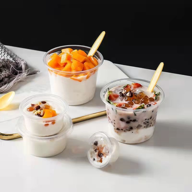 Jednokratna posuda za puding s poklopcem i žlicom, ovalna PP posuda za deserte, mikrovalna pogodna, rok trajanja 2 godine