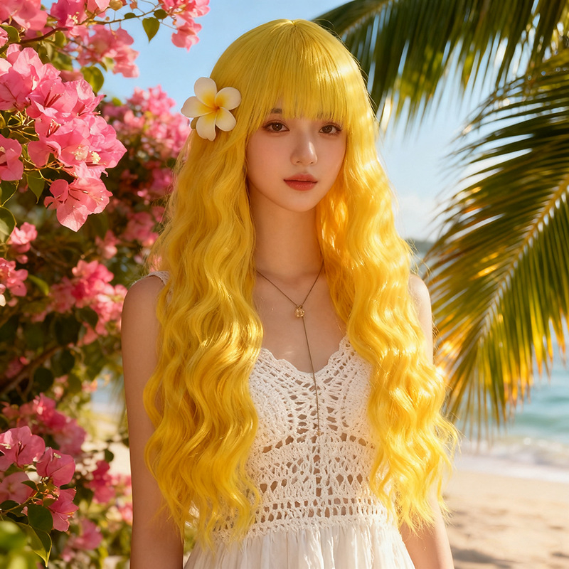 Duga kovrčava perika s bangs za žene (Materijal kose: visokotemperaturna žica; Tehnologija obrade: mehanizam; Model: 186; Stil: sladak)