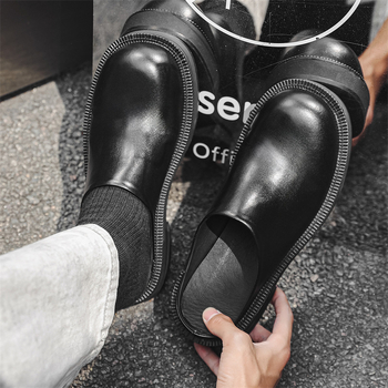 Muške Derby Toe papuče - gornji dio od kože prvog sloja, gumeni potplat, debeli potplat za povećanje visine, hip-hop stil, proljeće 2025