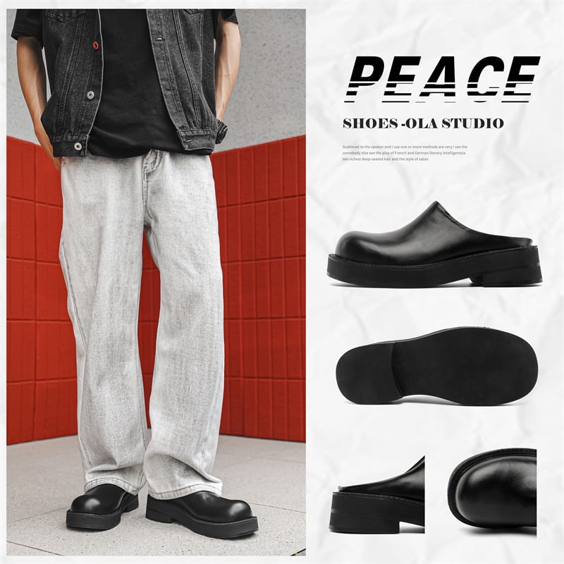 Muške Derby Toe papuče - gornji dio od kože prvog sloja, gumeni potplat, debeli potplat za povećanje visine, hip-hop stil, proljeće 2025