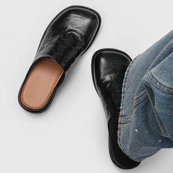 Muške slip-on sandale, kvadratni vrh, debeli potplat, gornjište od kože split tele, ležerni stil