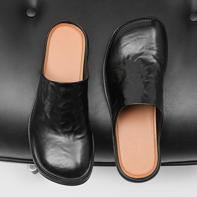Muške slip-on sandale, kvadratni vrh, debeli potplat, gornjište od kože split tele, ležerni stil