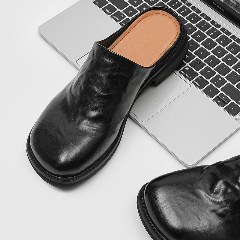 Muške slip-on sandale, kvadratni vrh, debeli potplat, gornjište od kože split tele, ležerni stil