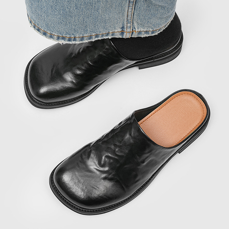 Muške slip-on sandale, kvadratni vrh, debeli potplat, gornjište od kože split tele, ležerni stil