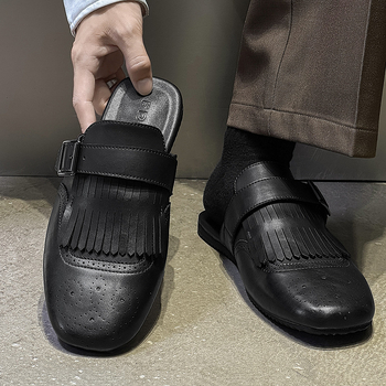 Muške slip-on papuče s izrezbarenom špicom – retro stil, ravne papuče s gumom, model 62201-J