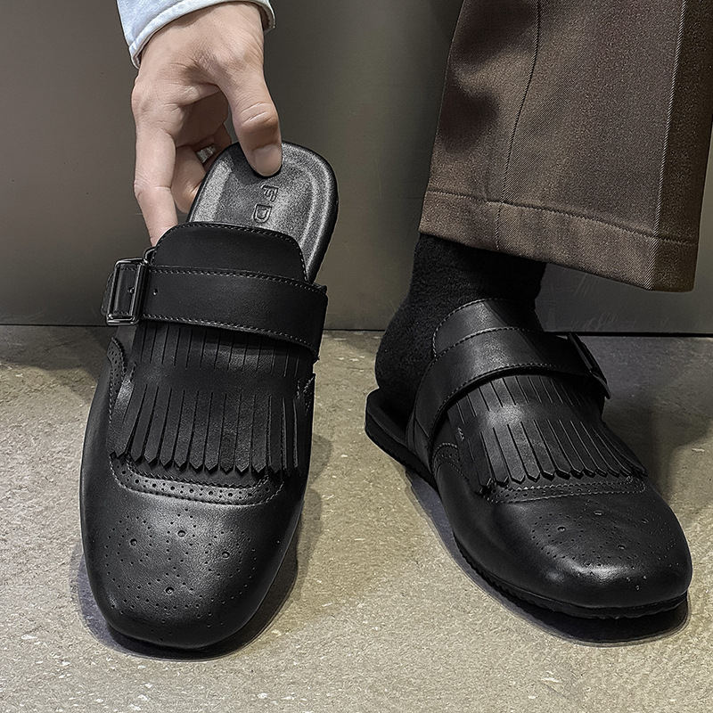 Muške slip-on papuče s izrezbarenom špicom – retro stil, ravne papuče s gumom, model 62201-J