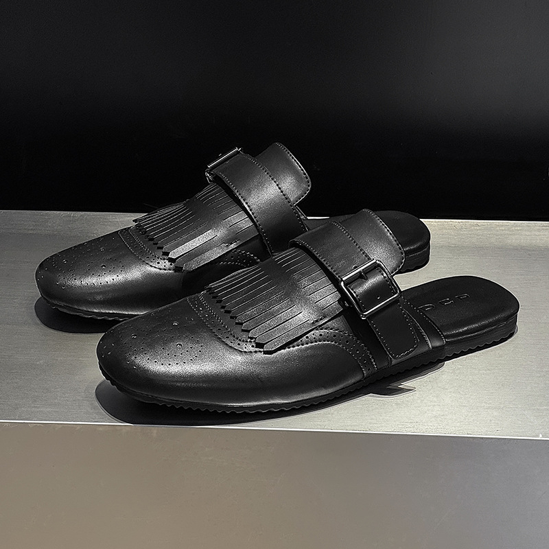 Muške slip-on papuče s izrezbarenom špicom – retro stil, ravne papuče s gumom, model 62201-J