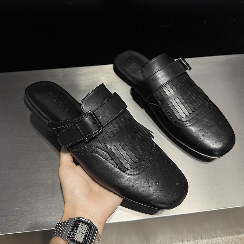 Muške slip-on papuče s izrezbarenom špicom – retro stil, ravne papuče s gumom, model 62201-J