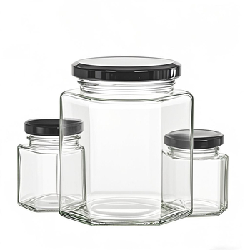 Хранително-безопасен запечатан шестостенен стъклен буркан с капак за мед, лютив сос и лимонов конфитюр