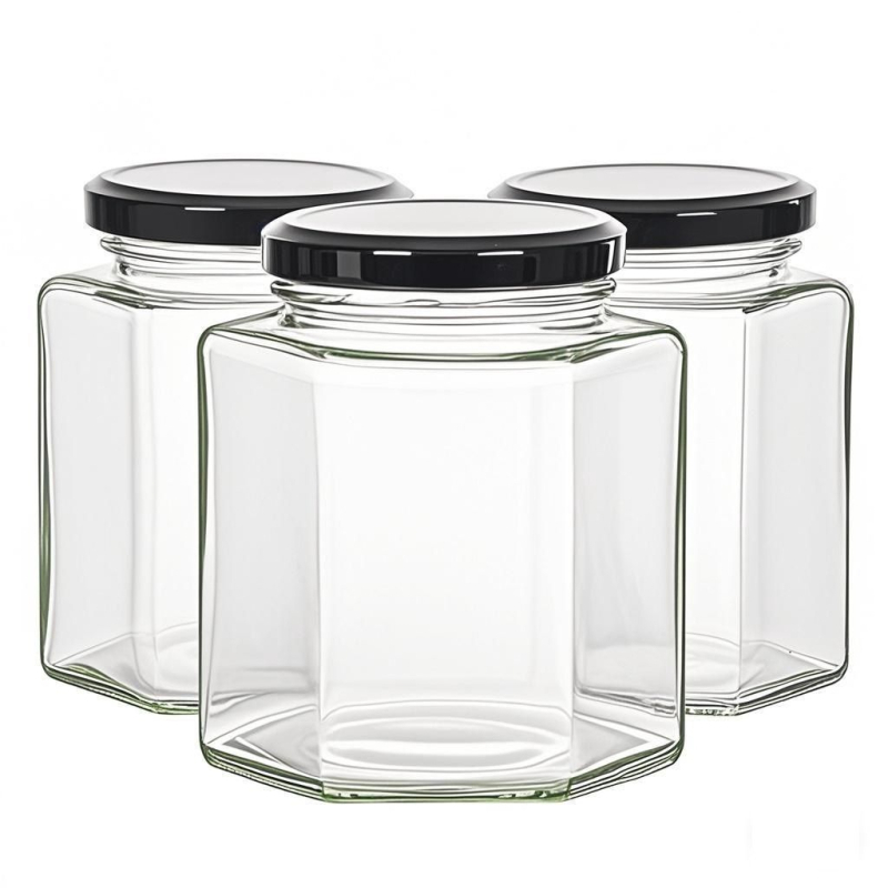 Хранително-безопасен запечатан шестостенен стъклен буркан с капак за мед, лютив сос и лимонов конфитюр