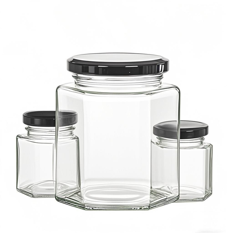 Хранително-безопасен запечатан шестостенен стъклен буркан с капак за мед, лютив сос и лимонов конфитюр