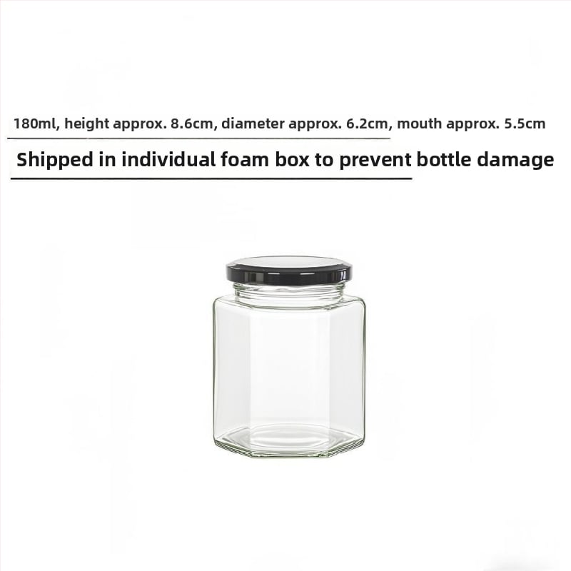 Хранително-безопасен запечатан шестостенен стъклен буркан с капак за мед, лютив сос и лимонов конфитюр