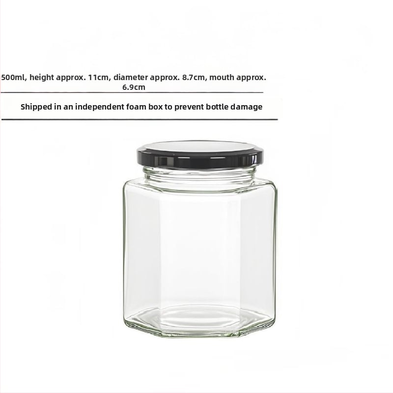 Хранително-безопасен запечатан шестостенен стъклен буркан с капак за мед, лютив сос и лимонов конфитюр