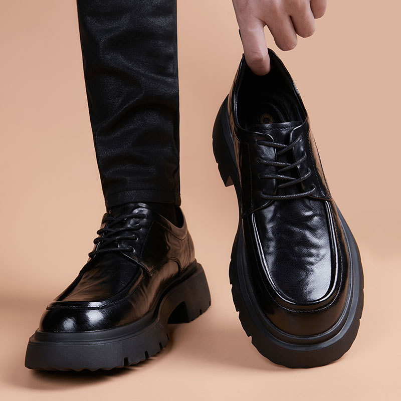 Pantofi derby din piele pentru bărbați cu talpă groasă – partea superioară din piele de vacă, talpă din cauciuc, toc 3–5 cm, ideal pentru business și casual, pentru iarnă