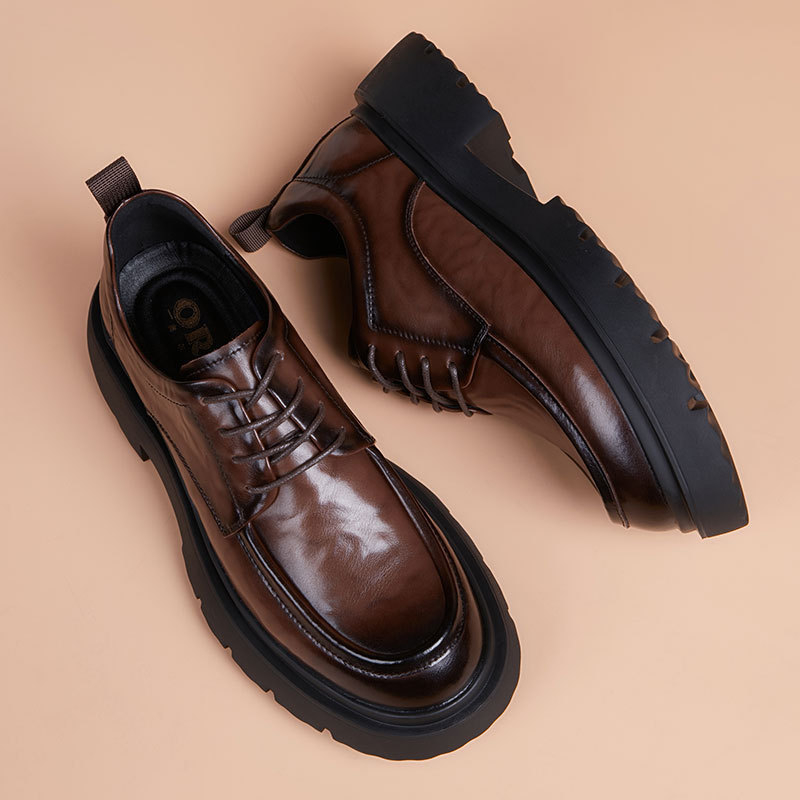 Pantofi derby din piele pentru bărbați cu talpă groasă – partea superioară din piele de vacă, talpă din cauciuc, toc 3–5 cm, ideal pentru business și casual, pentru iarnă