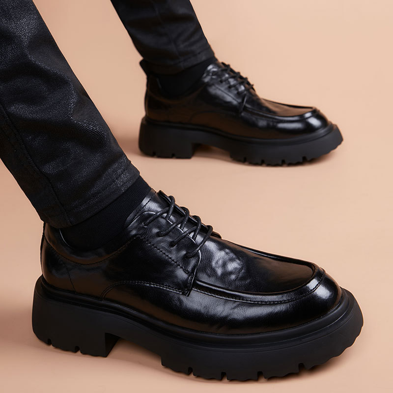 Pantofi derby din piele pentru bărbați cu talpă groasă – partea superioară din piele de vacă, talpă din cauciuc, toc 3–5 cm, ideal pentru business și casual, pentru iarnă