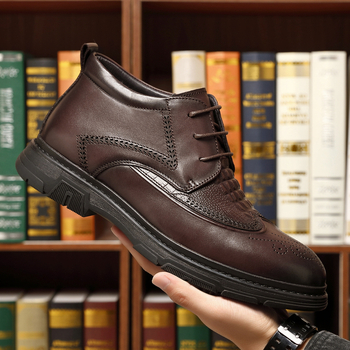 Ghete bărbați din piele, stil brogue, înalți, talpă din cauciuc antiderapant, încălzite pentru iarnă