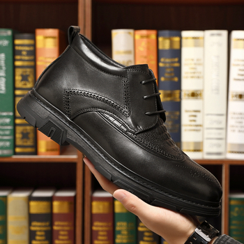 Ghete bărbați din piele, stil brogue, înalți, talpă din cauciuc antiderapant, încălzite pentru iarnă