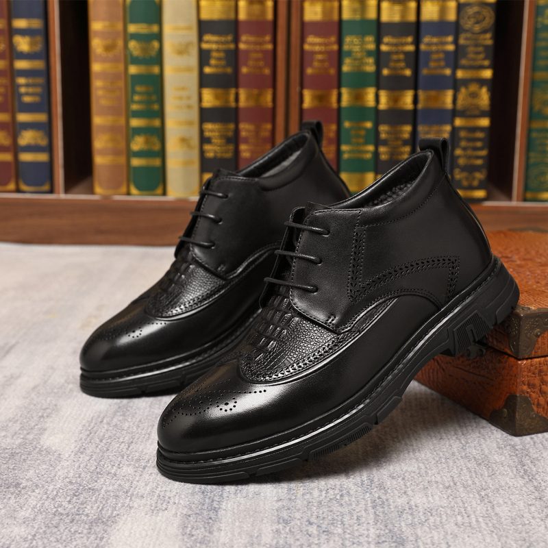 Ghete bărbați din piele, stil brogue, înalți, talpă din cauciuc antiderapant, încălzite pentru iarnă