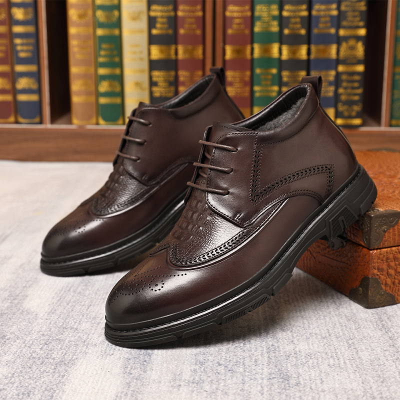 Ghete bărbați din piele, stil brogue, înalți, talpă din cauciuc antiderapant, încălzite pentru iarnă