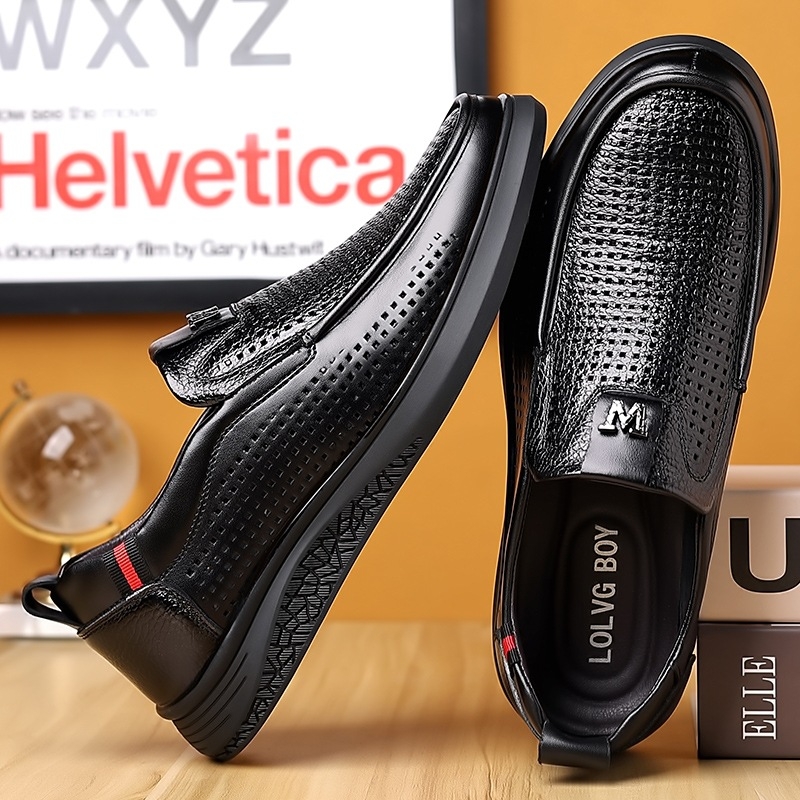 Pantofi casual din piele pentru bărbați, slip-on, partea superioară din piele naturală, respirabili, talpă din cauciuc