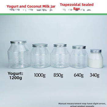 Jogurtová dóza so trapezovým balením, priehľadný PET kontajner, PVC plast, fľaša na dochucovadlá, objem 1000 ml+; balenie: pohár; viečko: priehľadné alebo hliníkové