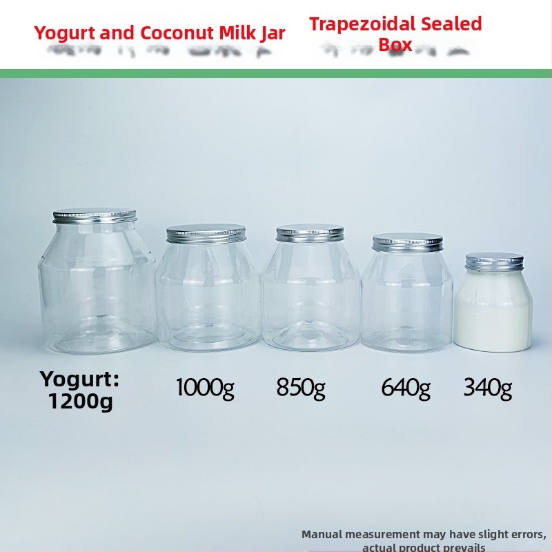 Jogurtová dóza so trapezovým balením, priehľadný PET kontajner, PVC plast, fľaša na dochucovadlá, objem 1000 ml+; balenie: pohár; viečko: priehľadné alebo hliníkové