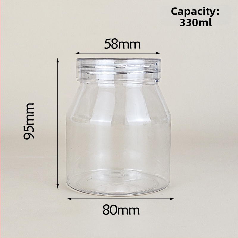 Jogurtová dóza so trapezovým balením, priehľadný PET kontajner, PVC plast, fľaša na dochucovadlá, objem 1000 ml+; balenie: pohár; viečko: priehľadné alebo hliníkové