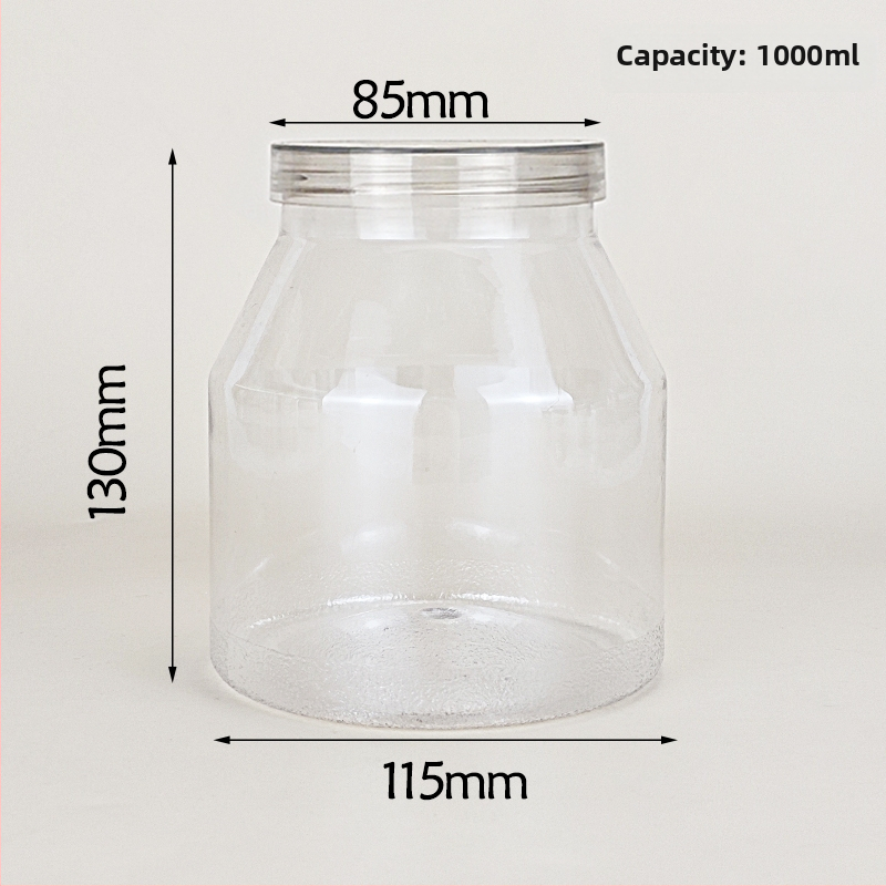 Jogurtová dóza so trapezovým balením, priehľadný PET kontajner, PVC plast, fľaša na dochucovadlá, objem 1000 ml+; balenie: pohár; viečko: priehľadné alebo hliníkové