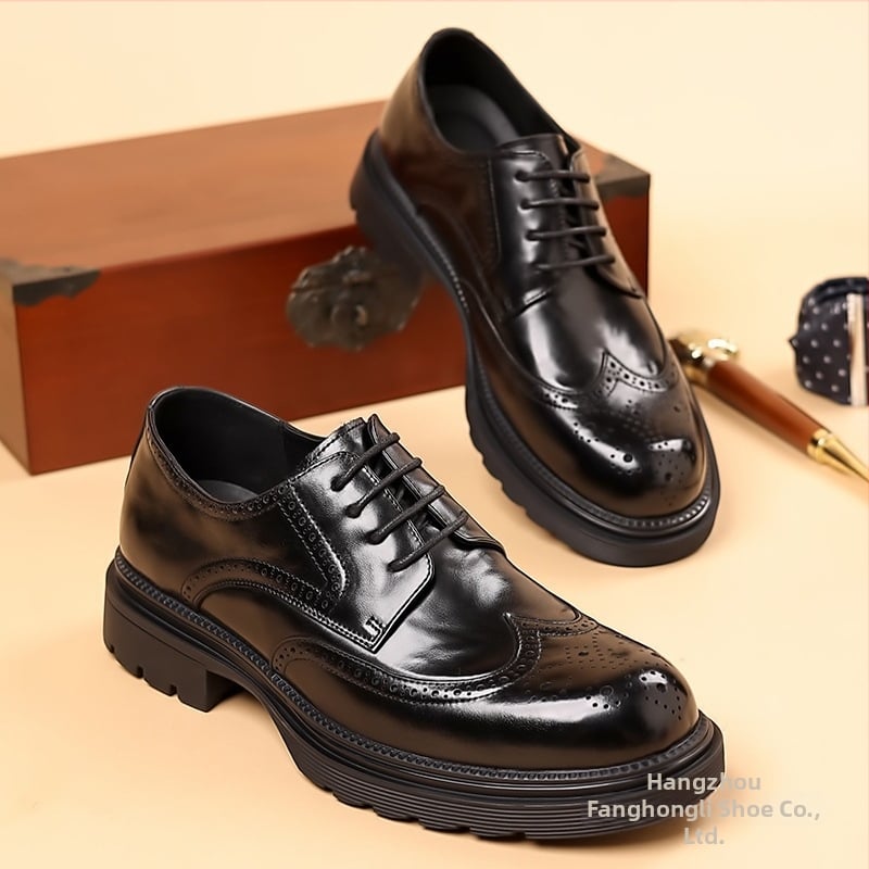 Pantofi Oxford din piele pentru bărbați, cu brogue - partea superioară din piele de vacă de primă clasă, talpă din cauciuc, șireturi, vârf rotund, stil business