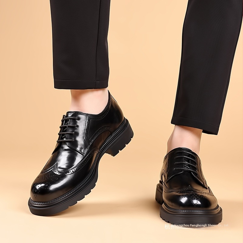 Pantofi Oxford din piele pentru bărbați, cu brogue - partea superioară din piele de vacă de primă clasă, talpă din cauciuc, șireturi, vârf rotund, stil business
