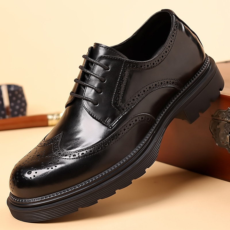 Pantofi Oxford din piele pentru bărbați, cu brogue - partea superioară din piele de vacă de primă clasă, talpă din cauciuc, șireturi, vârf rotund, stil business
