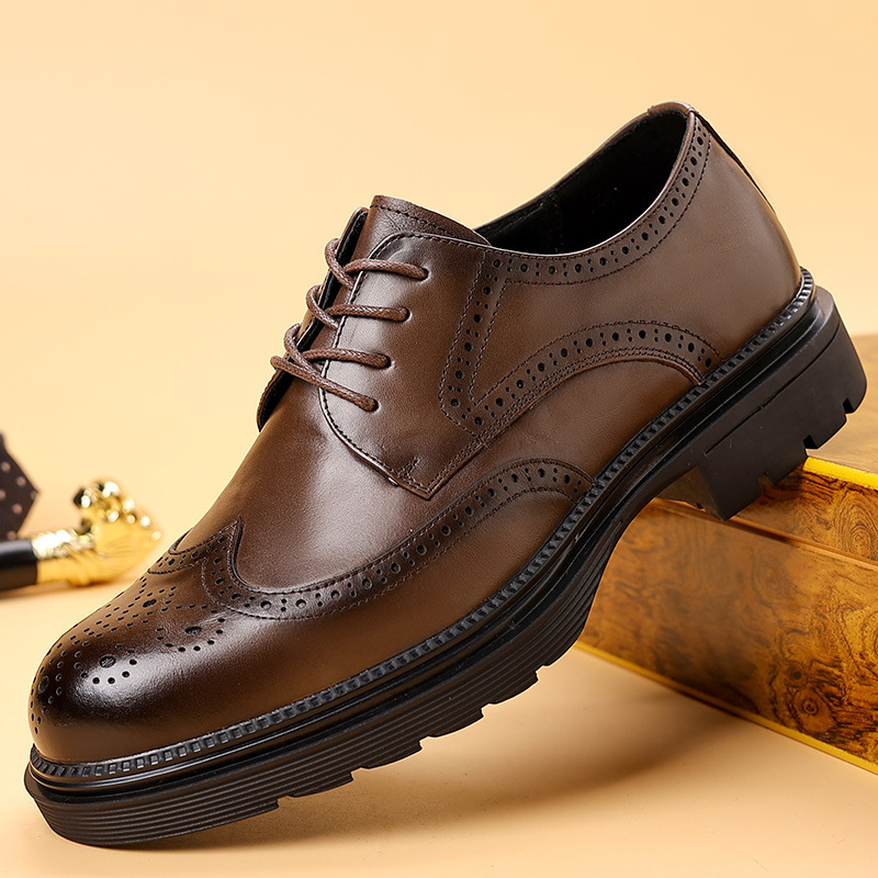 Pantofi Oxford din piele pentru bărbați, cu brogue - partea superioară din piele de vacă de primă clasă, talpă din cauciuc, șireturi, vârf rotund, stil business
