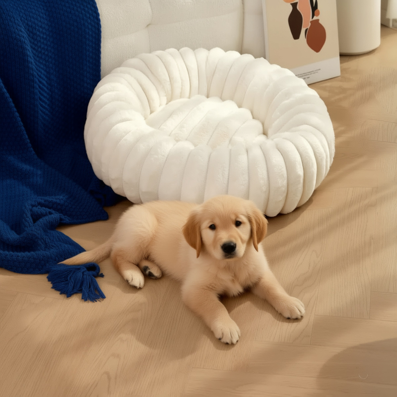 Κύκλινο καταφύγιο για κατοικίδια από γούνα κουνελιού με πλαστικό πυθμένα, κατάλληλο για σκύλους