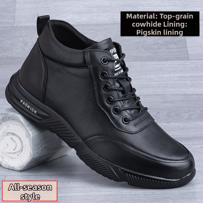 Ghete din piele naturală pentru bărbați, înălțime până la gleznă, căptușite cu piele de porc, talpă din cauciuc, închidere cu șireturi, pentru iarnă