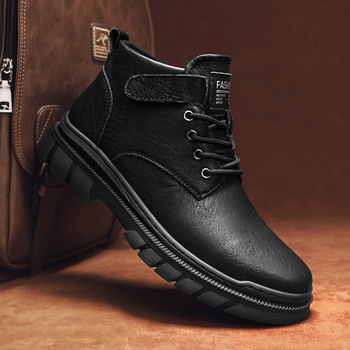 Bocanci bărbați din piele, înalți pentru drumeții – impermeabili și antiderapante, partea superioară PU, talpă PVC, închidere Velcro, toc 3-5 cm