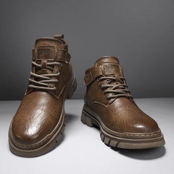 Bocanci bărbați din piele, înalți pentru drumeții – impermeabili și antiderapante, partea superioară PU, talpă PVC, închidere Velcro, toc 3-5 cm