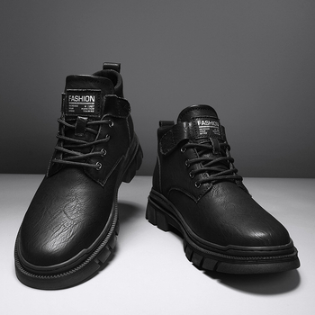 Bocanci bărbați din piele, înalți pentru drumeții – impermeabili și antiderapante, partea superioară PU, talpă PVC, închidere Velcro, toc 3-5 cm