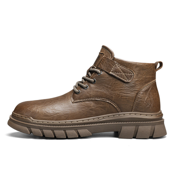 Bocanci bărbați din piele, înalți pentru drumeții – impermeabili și antiderapante, partea superioară PU, talpă PVC, închidere Velcro, toc 3-5 cm