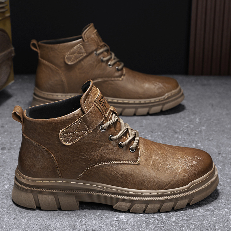 Bocanci bărbați din piele, înalți pentru drumeții – impermeabili și antiderapante, partea superioară PU, talpă PVC, închidere Velcro, toc 3-5 cm