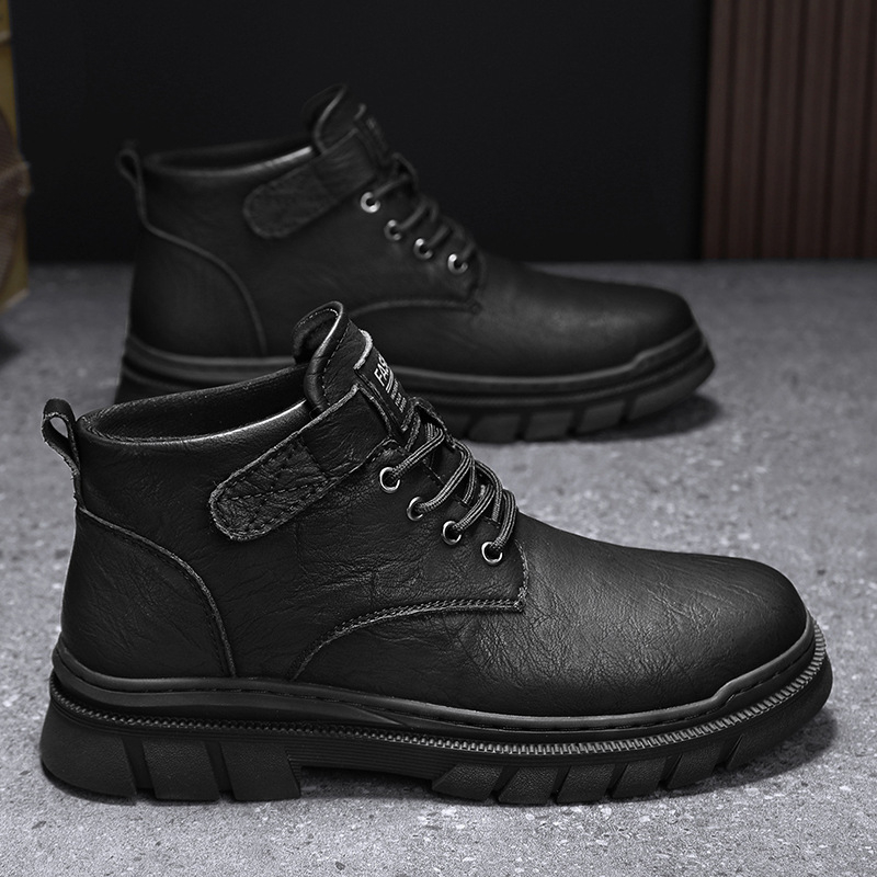 Bocanci bărbați din piele, înalți pentru drumeții – impermeabili și antiderapante, partea superioară PU, talpă PVC, închidere Velcro, toc 3-5 cm