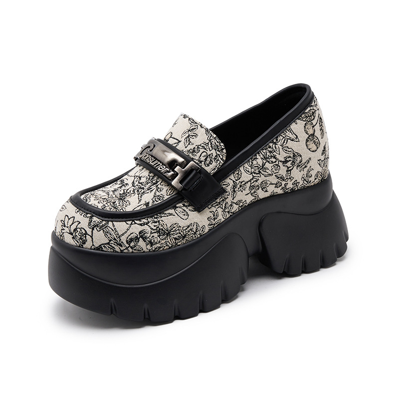 Ženske loaferice s debelim potplatom — platneni gornji dio, okrugli vrh, bez vezica, platforma preko 8 cm, unutarnja mikrovlakna