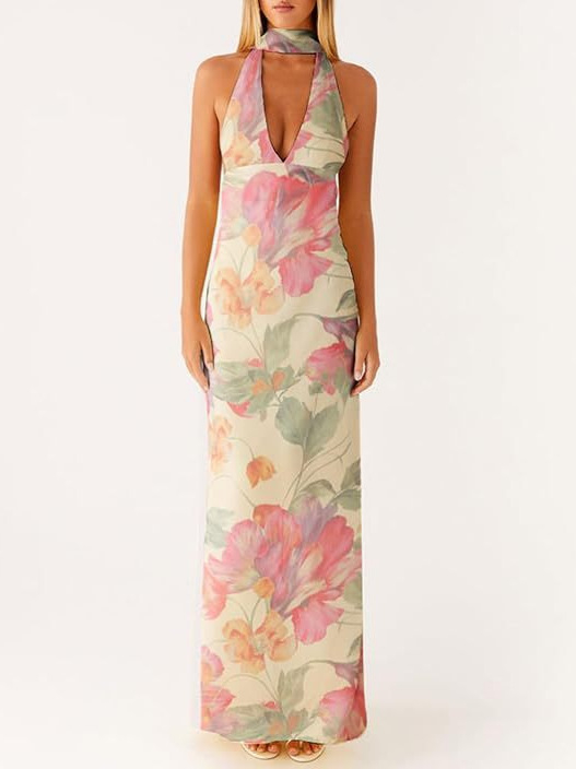 Rochie midi fără mâneci, halter, material poliester, conținut poliester 90–95%, detaliu colaj